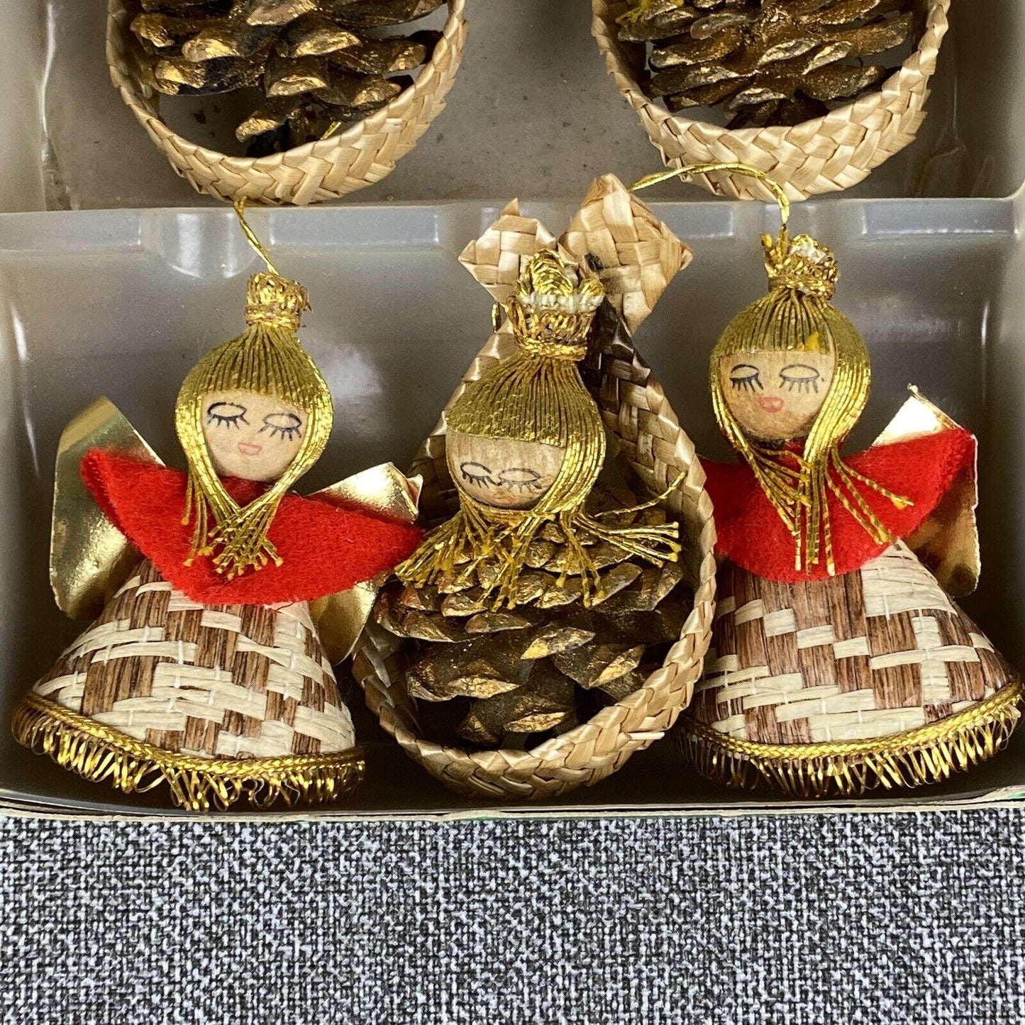 5 Thin Shaved wood German Hirschmann Christmas Ornaments Angel Vtg Erzgebirge