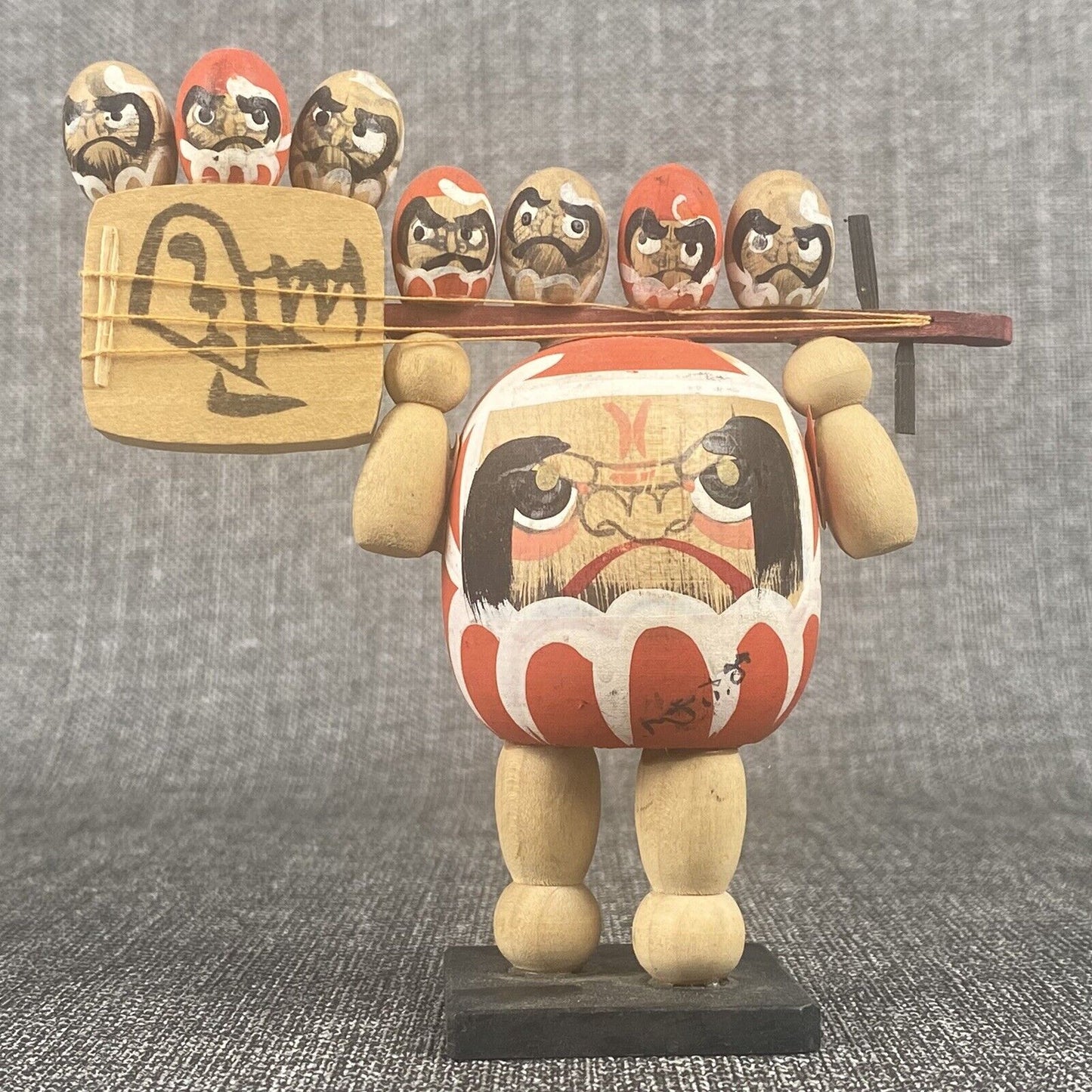 Vintage Japanese Daruma Kokeshi - Signed wooden Figurine 5" tall