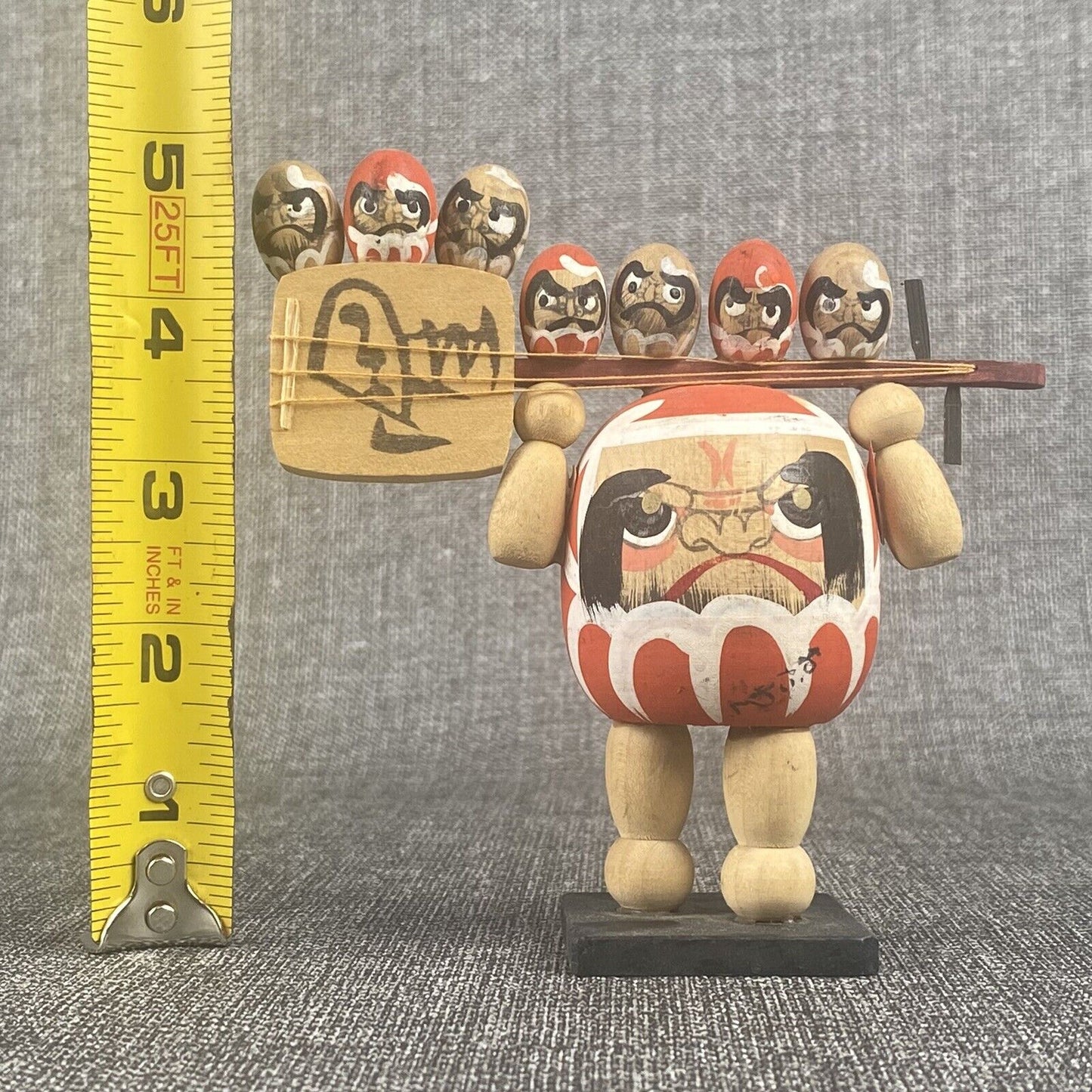 Vintage Japanese Daruma Kokeshi - Signed wooden Figurine 5" tall
