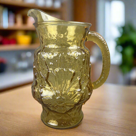 Vintage Anchor Hocking Rain Flower Amber Glass Pitcher