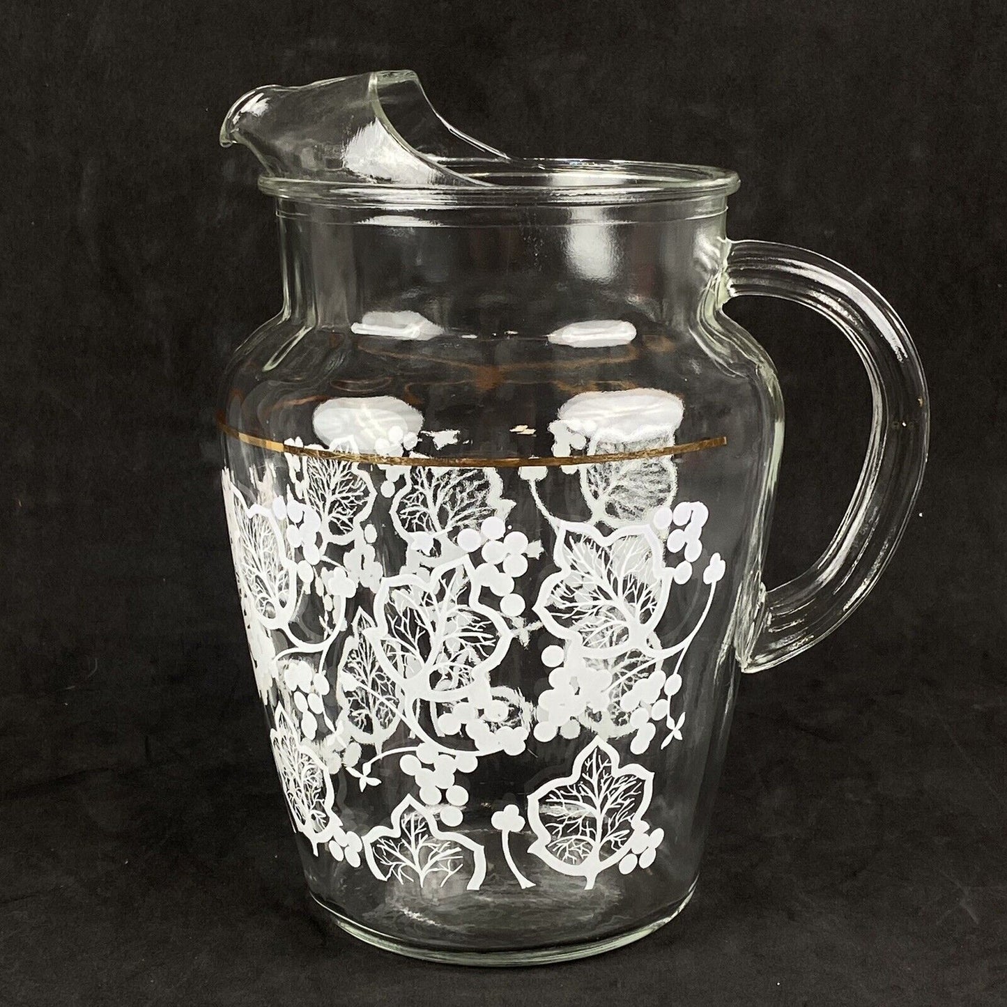 A.H. Clear Glass Pitcher with White Leaves and Berries