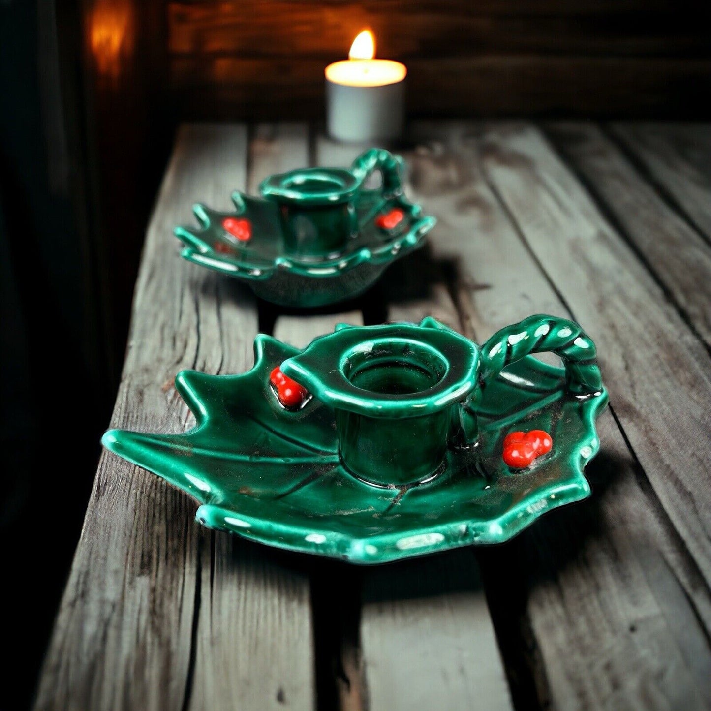 Lefton Vintage Holly Leaf & Berries Candle Holders Japan - Set of 2