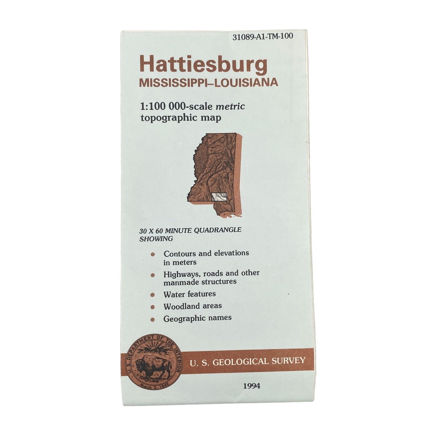 USGS Topographic Map 1994 Survey 30"x60" MS, LA Hattiesburg 31089-A1-TM-100