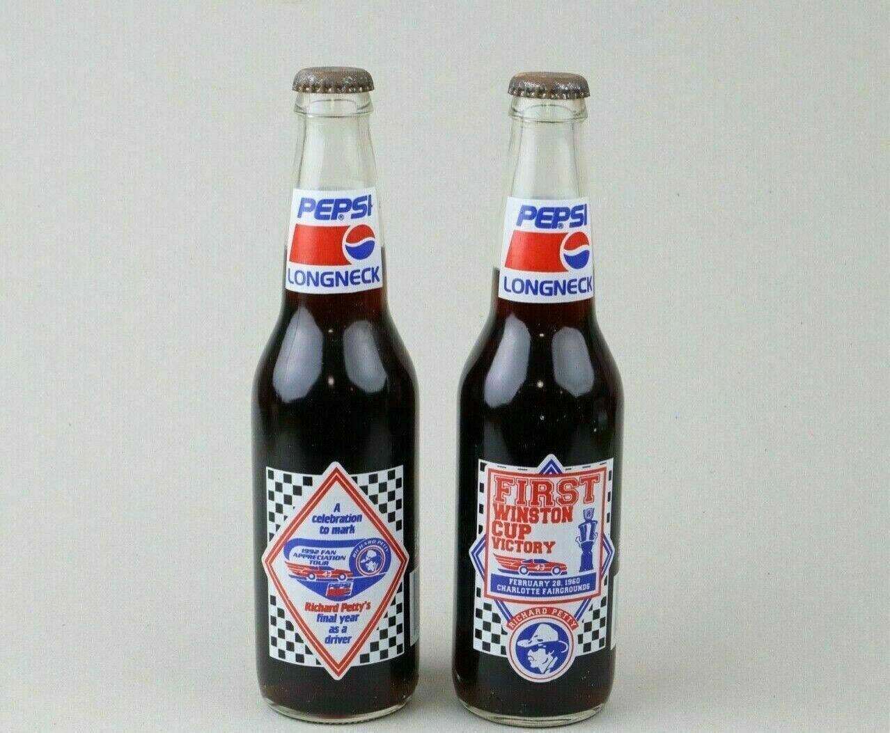 Lot of 2 Pepsi Long Neck ~ Richard Petty First Winston Cup Race Full Bottle