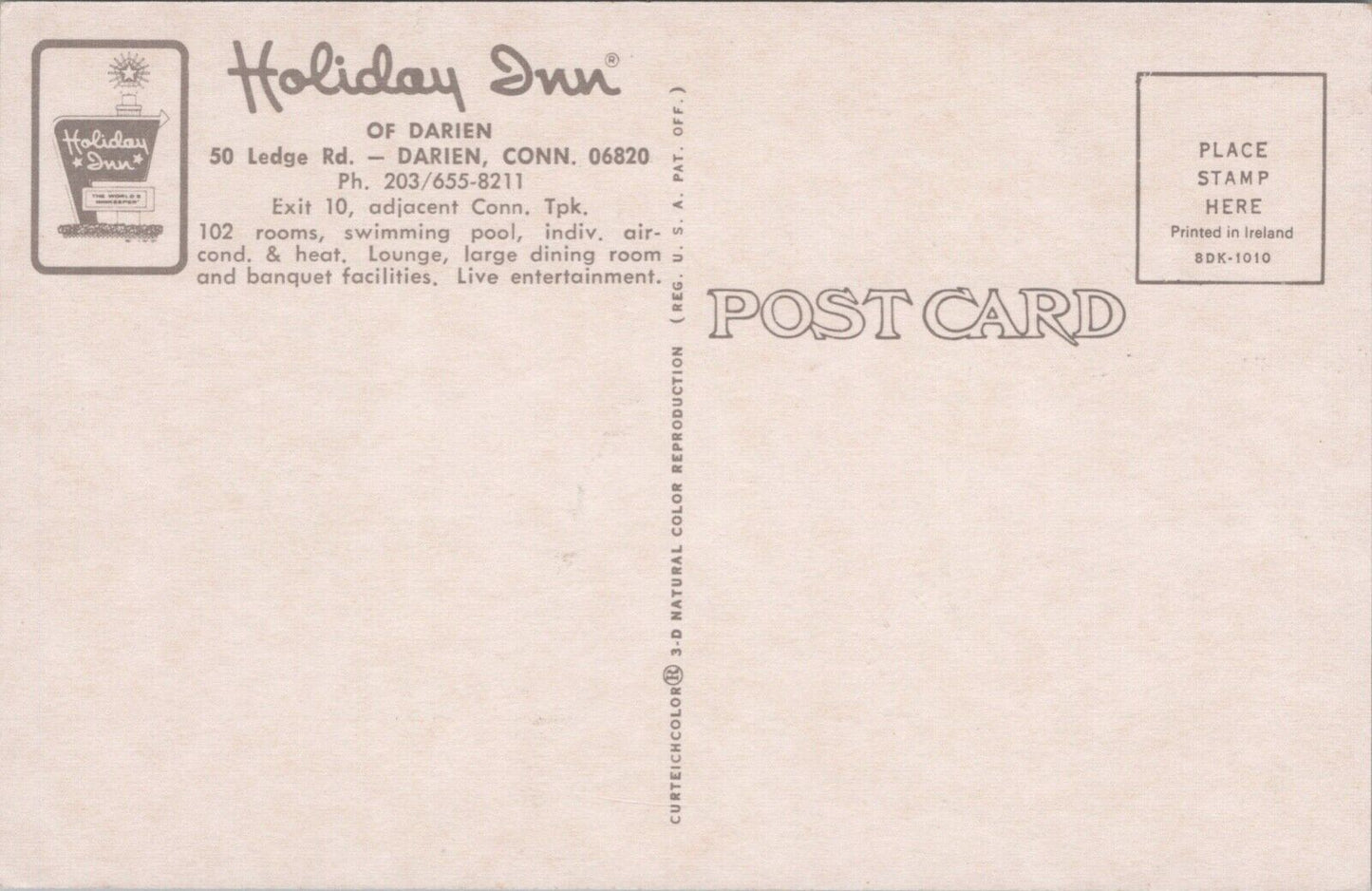 Vintage Hotel Holiday Inn DARIEN, CT. Aerial Postcard CURTEICHCOLOR Ireland