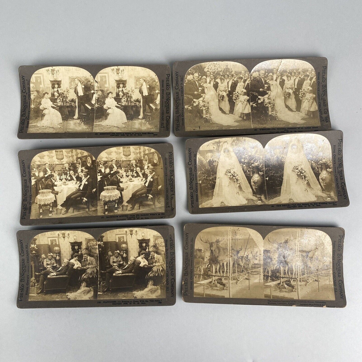 Presko Binocular Co. Stereoview Picture Cards lot of 17 Victorian, with Viewer