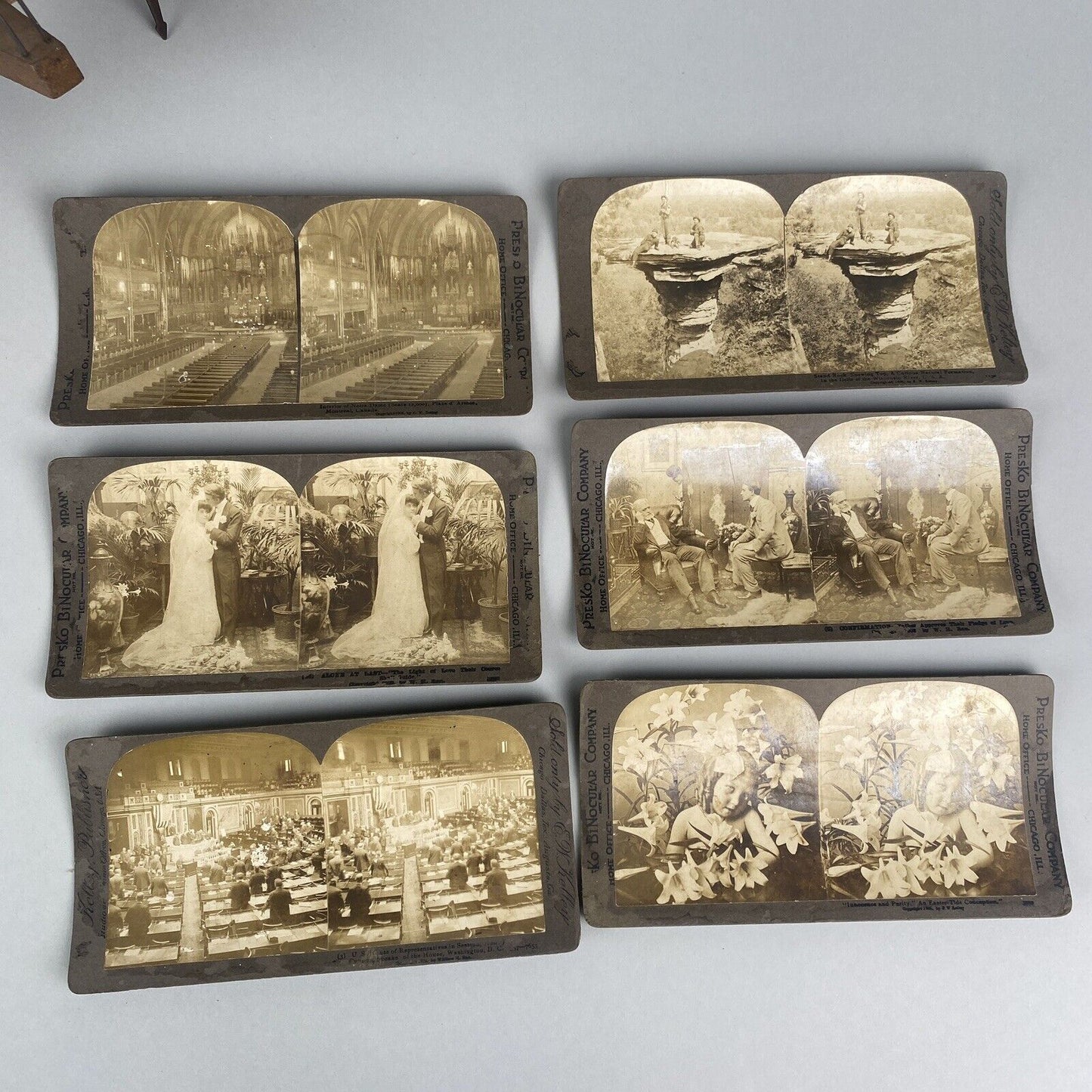Presko Binocular Co. Stereoview Picture Cards lot of 17 Victorian, with Viewer