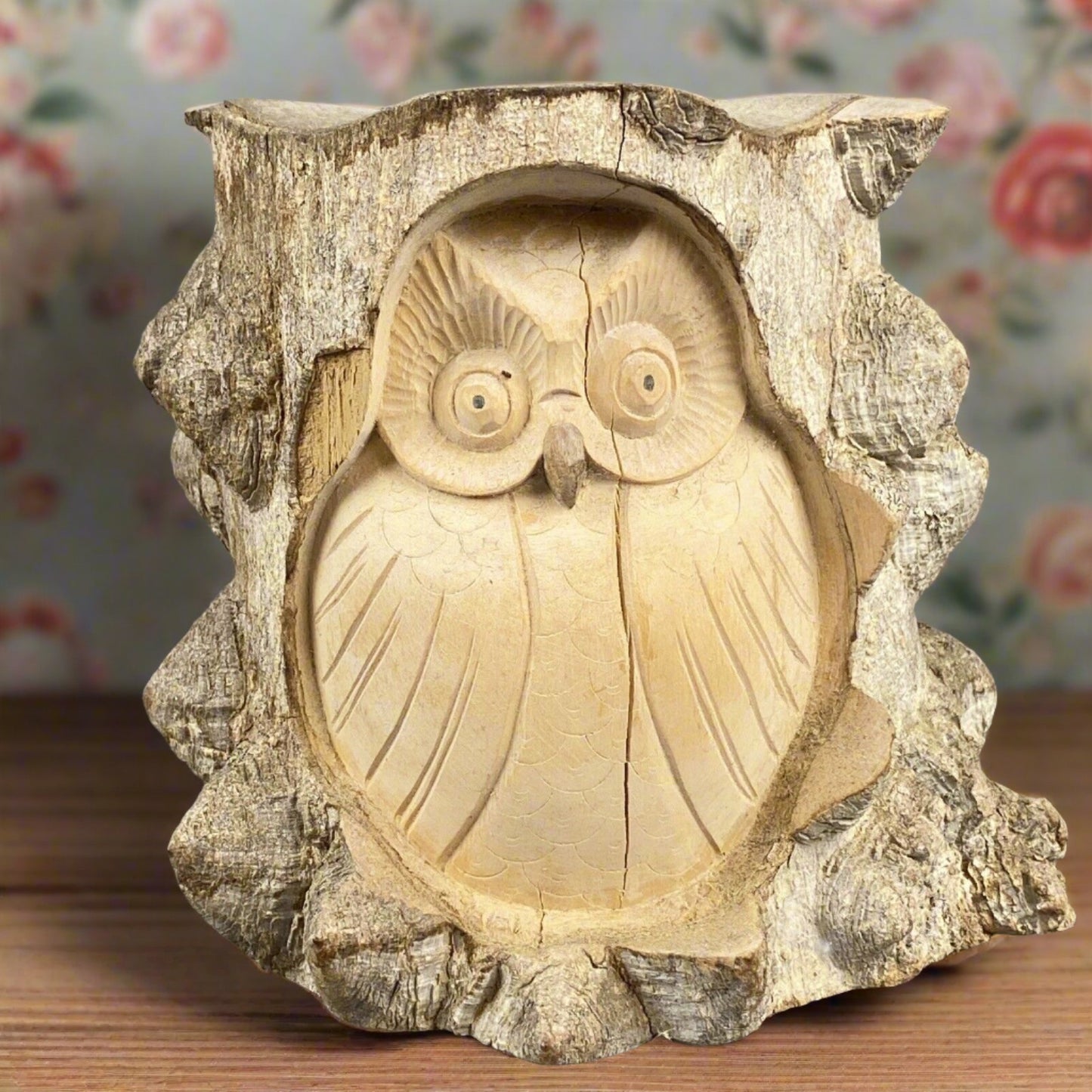 Unique Vintage Hand Carved Wooden Owl 6" x 5"