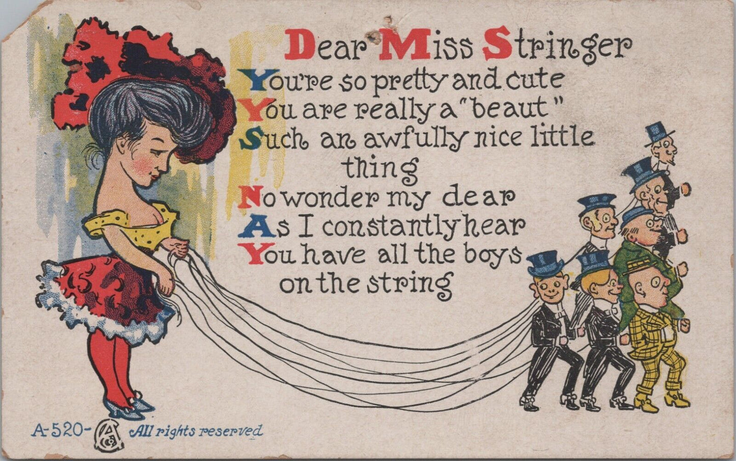 Dear Miss Stringer" Poem, Cartoon, Antique Postcard, undivided back