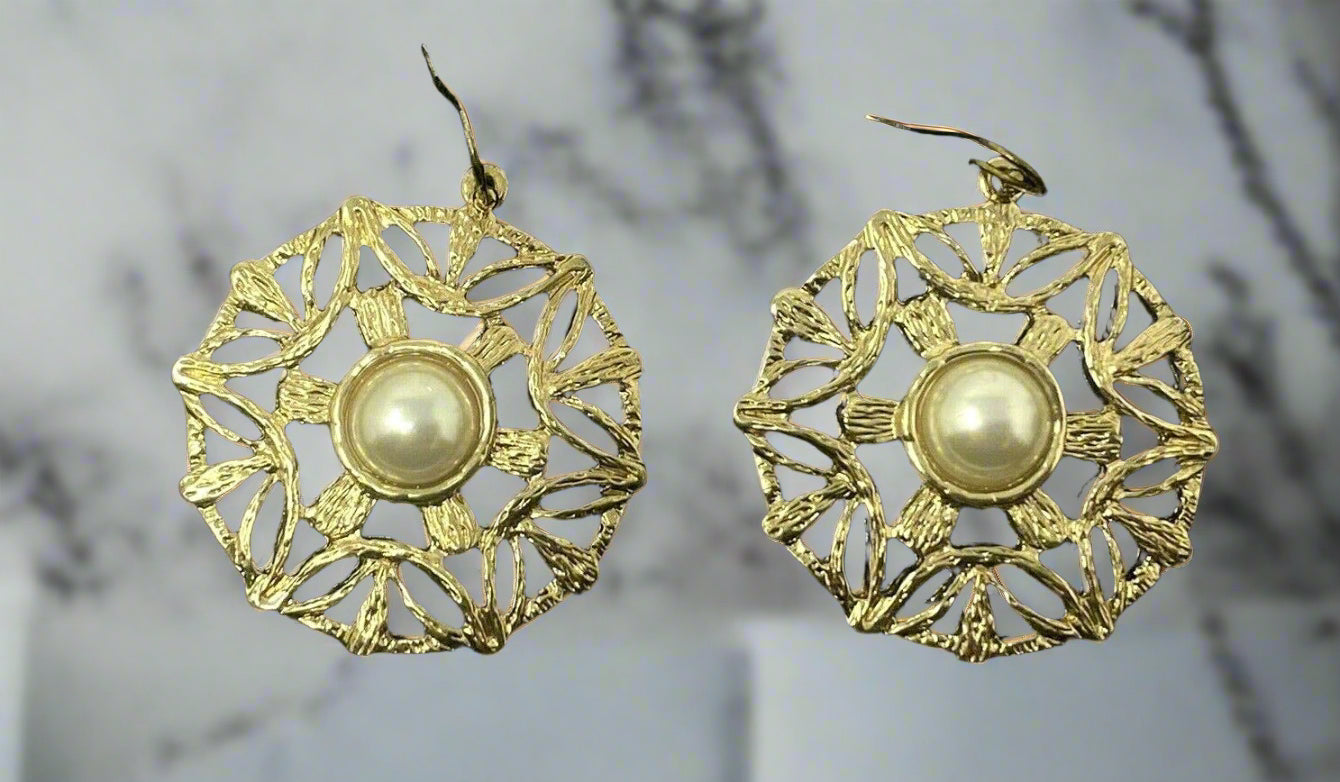 Dangle Drop Gold Tone with Faux Pearls Geometric Earrings
