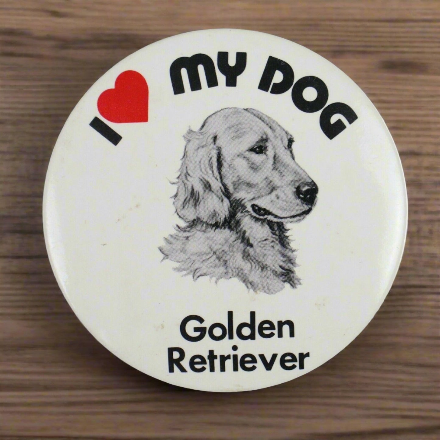Vintage 1882 3" Button Pinback I love my dog - Golden Retriever