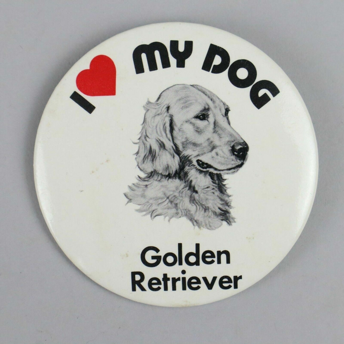 Vintage 1882 3" Button Pinback I love my dog - Golden Retriever