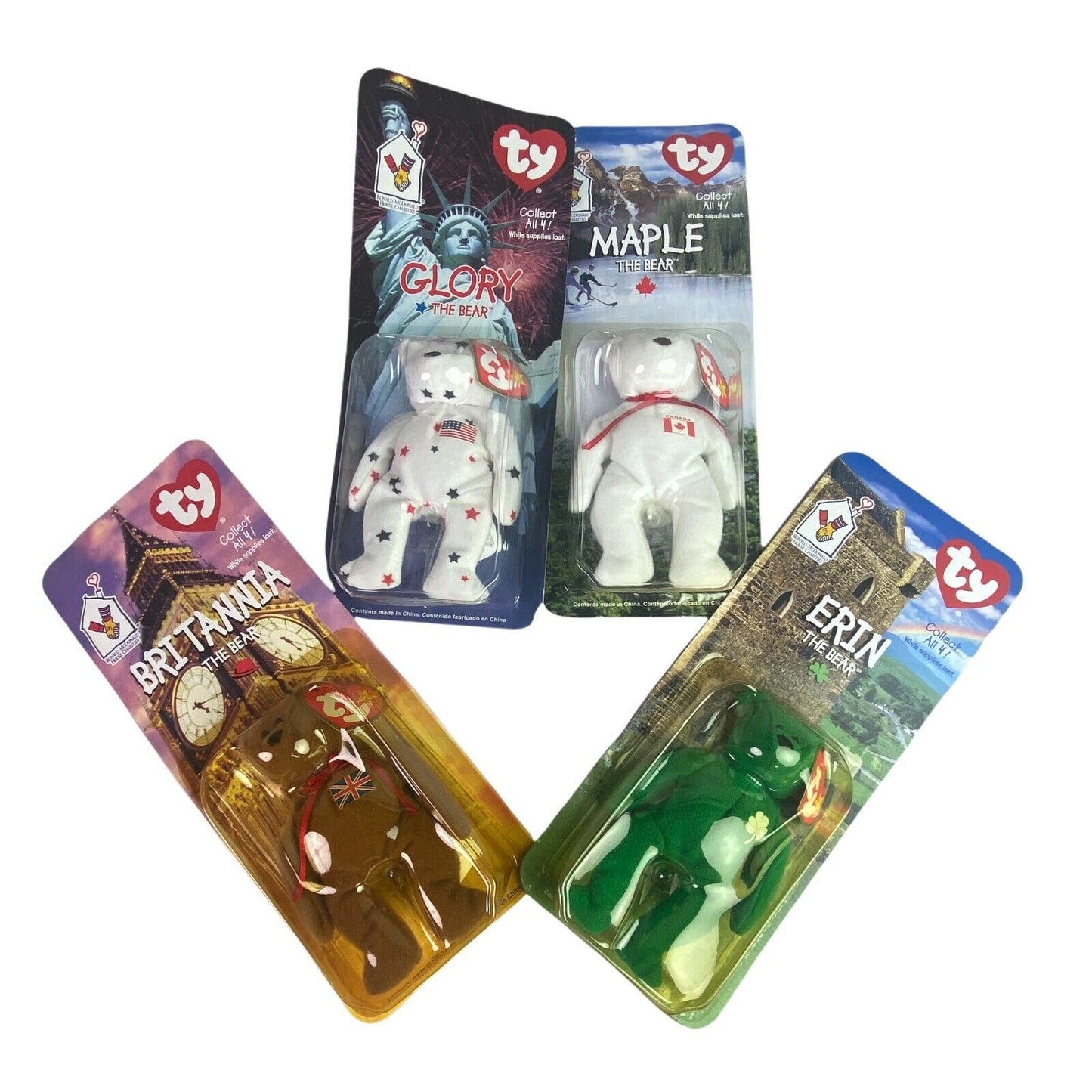 1999 Beanie Babys Set Of Four Erin The Bear Maple Bear Britannia Beer Glory...