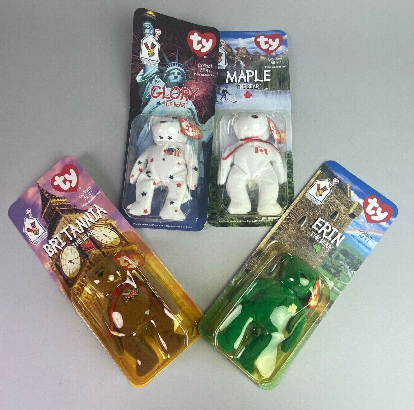 1999 Beanie Babys Set Of Four Erin The Bear Maple Bear Britannia Beer Glory...