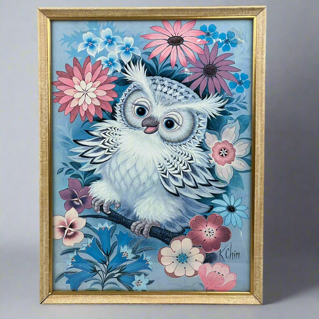 K Chin Blue Cute Owl Framed Lithograph Print 9" x 12"