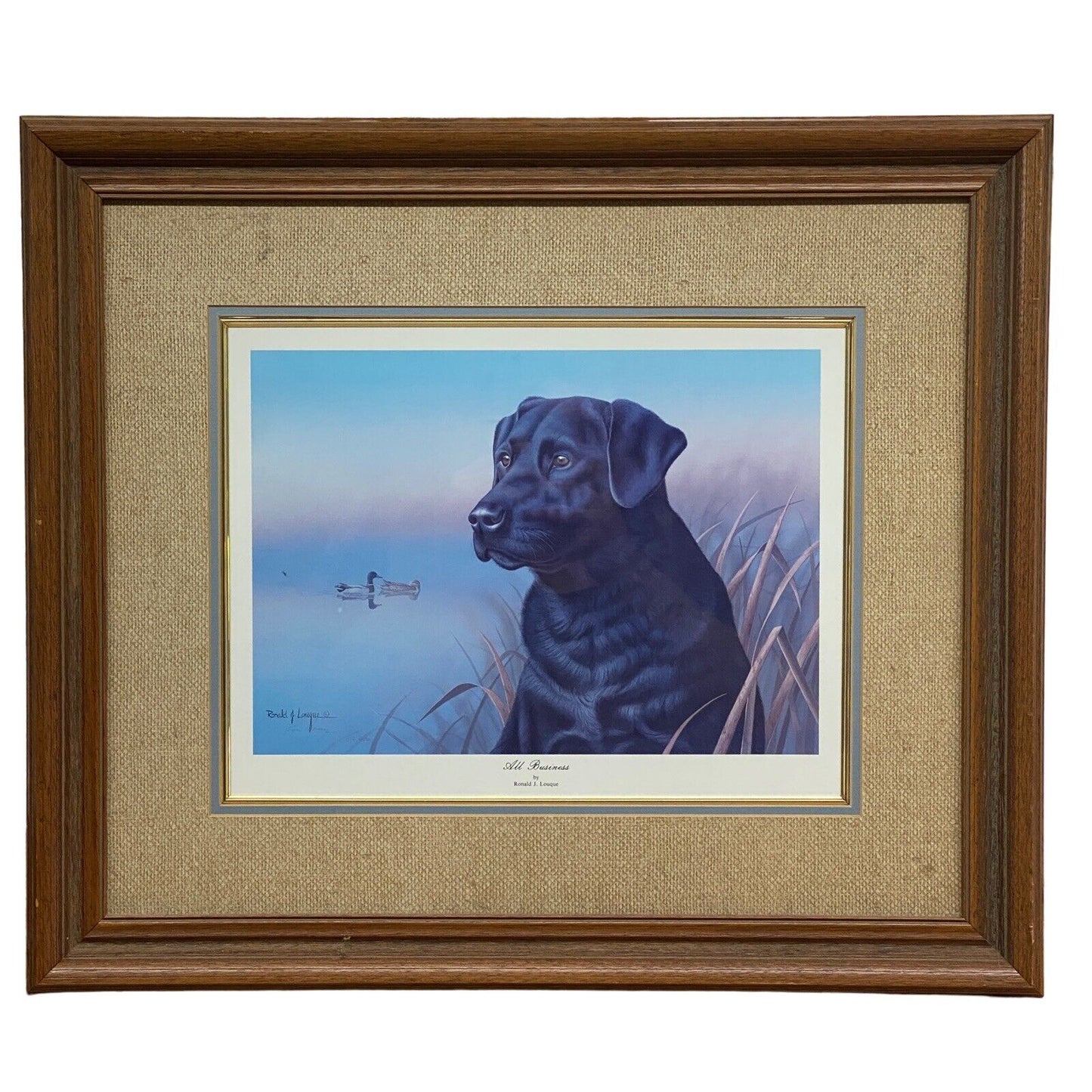Ronald J Louque, Hunting, Black Labrador Retriever, Print 28"x 24" , Signed Vtg