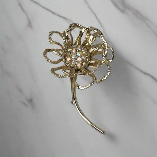 Sarah Coventry Flower Brooch Rhinestones 3 3/4" Long