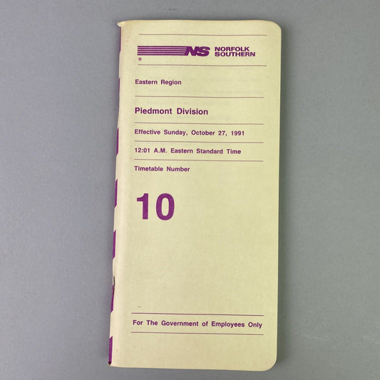 Norfolk Southern NS Piedmont Division Eastern Region Timetable #10,October 1991