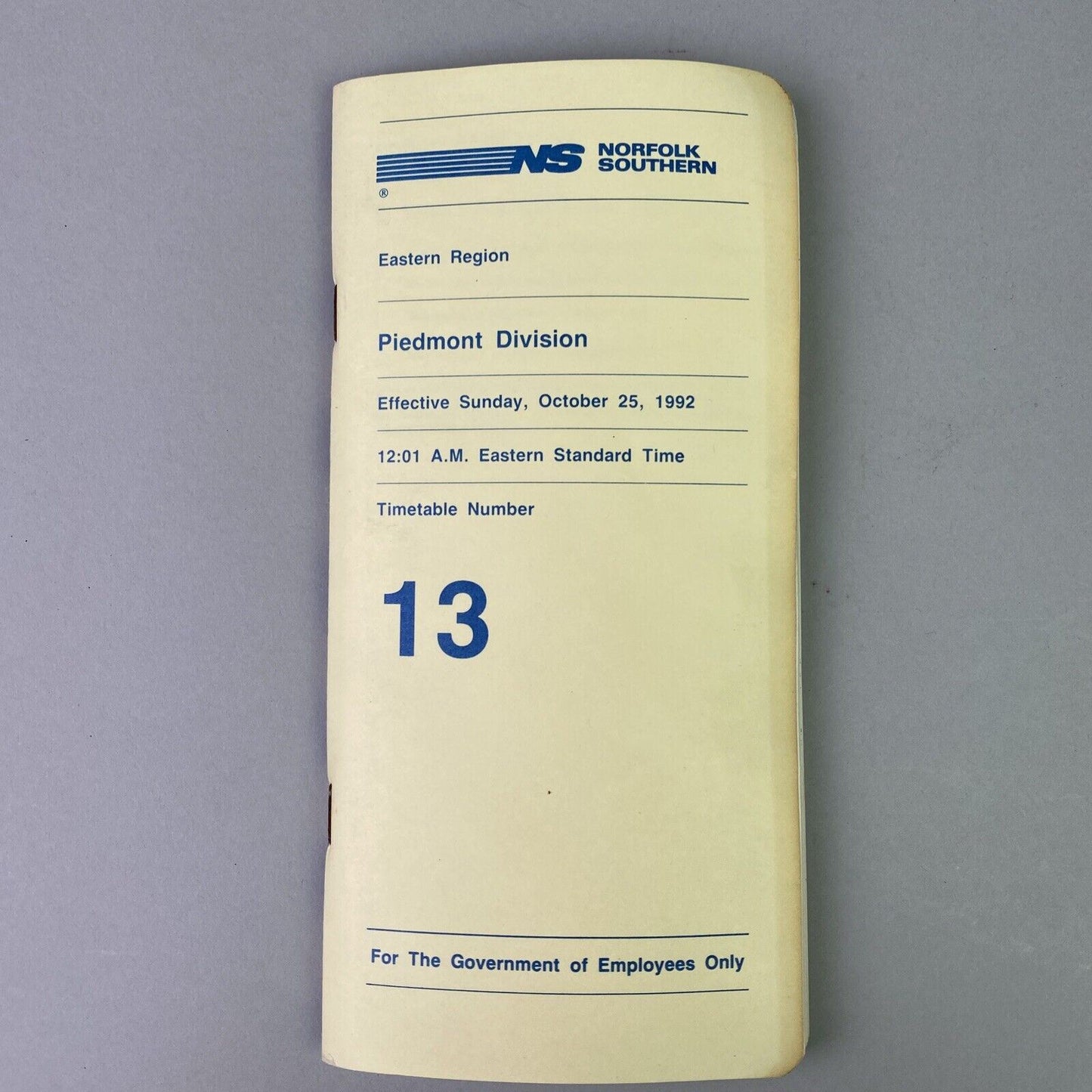 Norfolk Southern NS Piedmont Division Eastern Region Timetable #13,October 1992