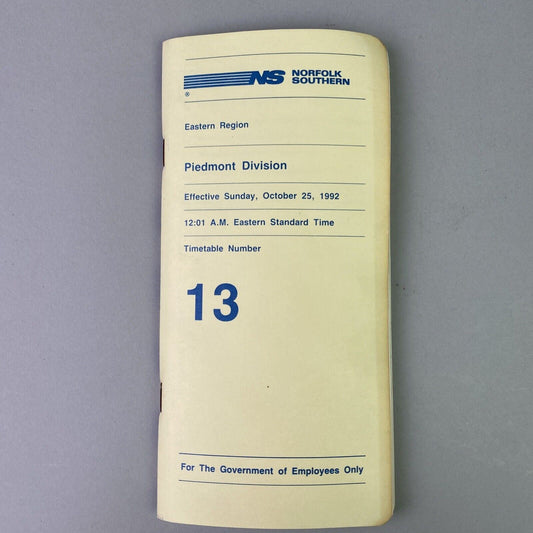 Norfolk Southern NS Piedmont Division Eastern Region Timetable #13,October 1992