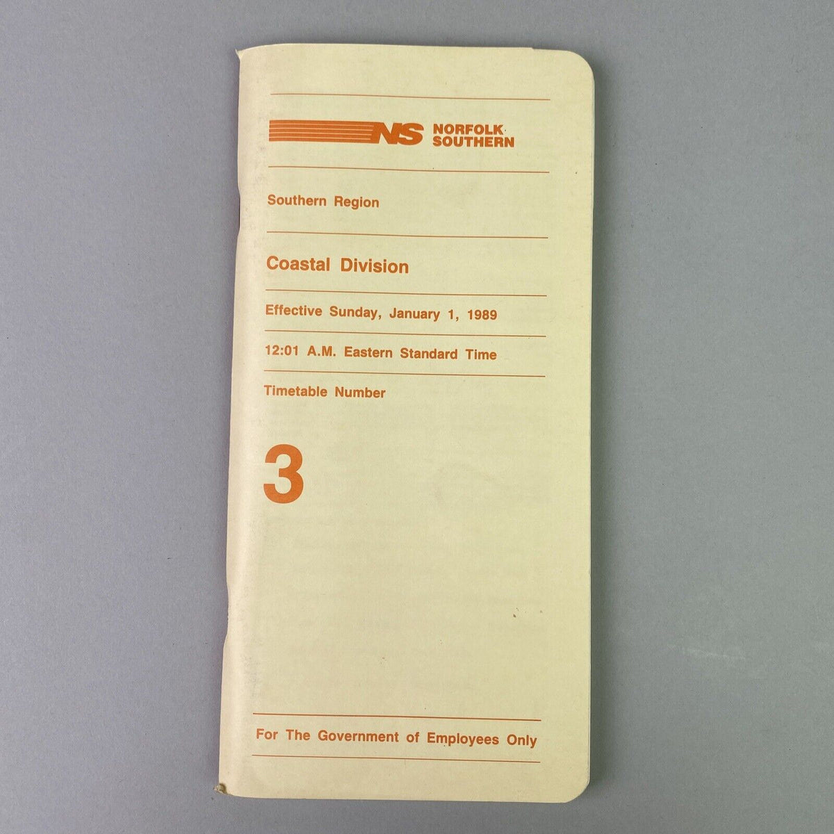 Norfolk Southern NS Coastal Division Southern Region Timetable #3, January 1989