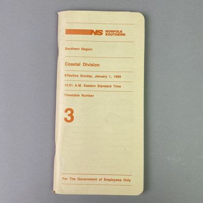 Norfolk Southern NS Coastal Division Southern Region Timetable #3, January 1989