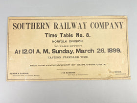 March 26 1899 SOUTHERN RAILWAY NO. 8 TIME TABLES Norfolk Division 18.5" X 10"
