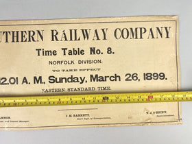 March 26 1899 SOUTHERN RAILWAY NO. 8 TIME TABLES Norfolk Division 18.5" X 10"
