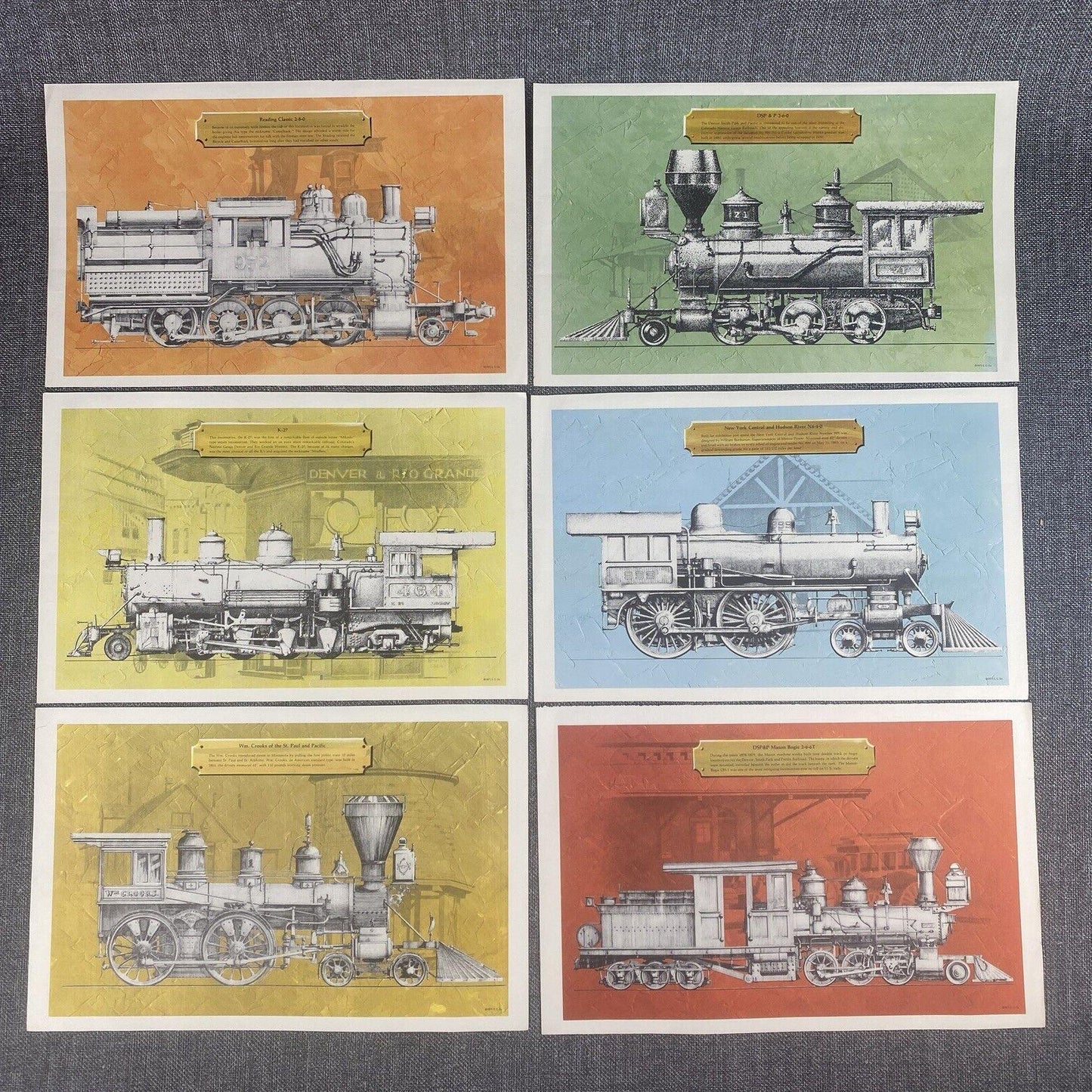 8 Prints 8"x12" of early American Steam Locomotives,  K-27 etc. 1971 by E.C. Co