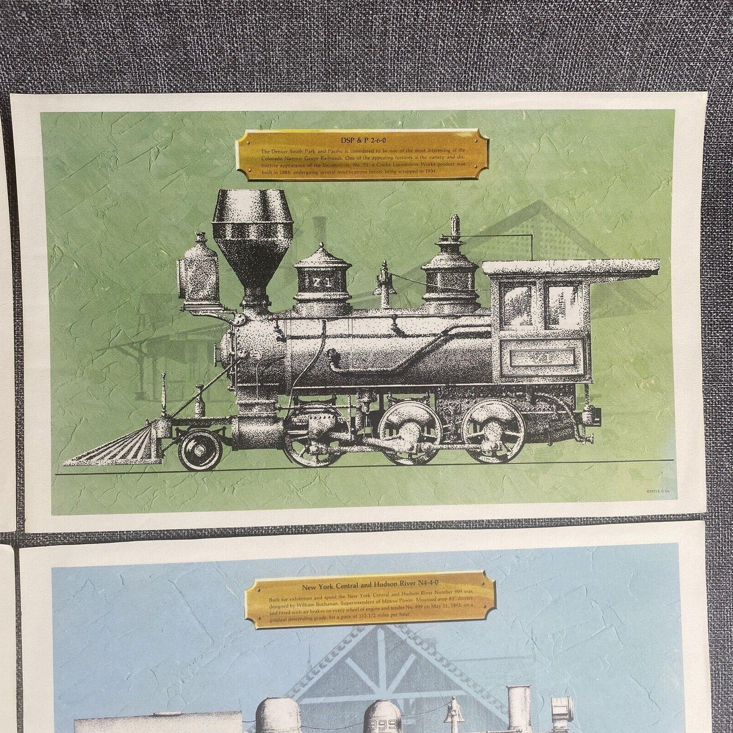 8 Prints 8"x12" of early American Steam Locomotives,  K-27 etc. 1971 by E.C. Co