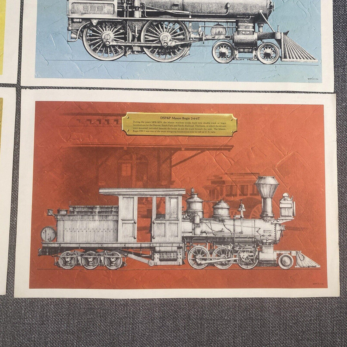 8 Prints 8"x12" of early American Steam Locomotives,  K-27 etc. 1971 by E.C. Co