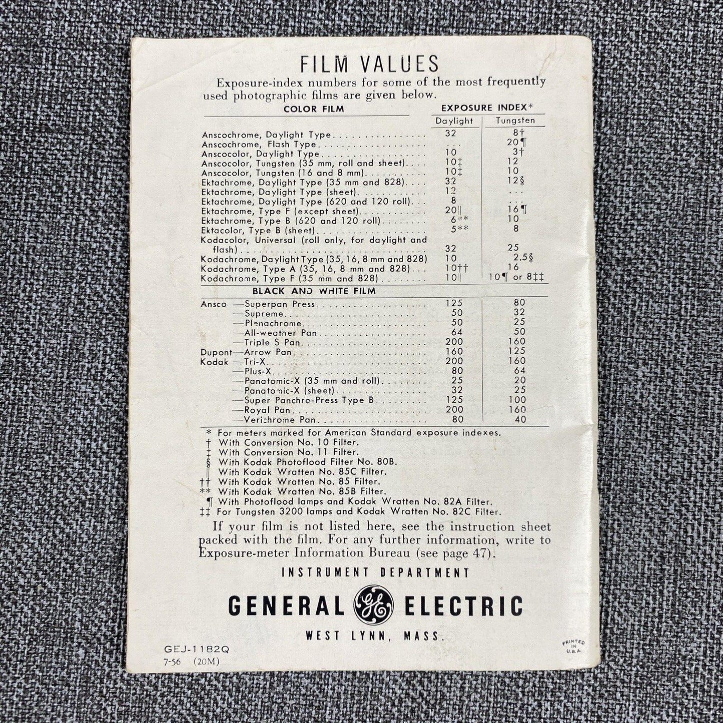 General Electric PR-1 Exposure Meter instruction manual original