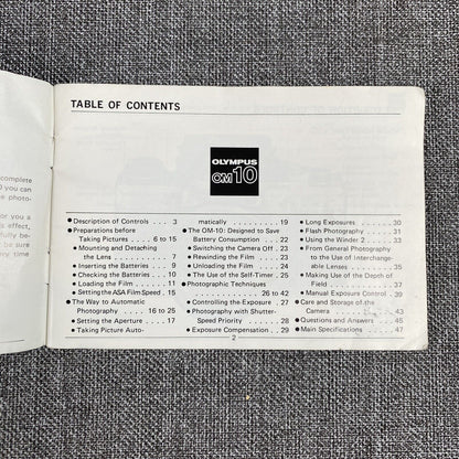 Olympus OM-10 Original Instruction Manual for 35mm film camera, 50 pages