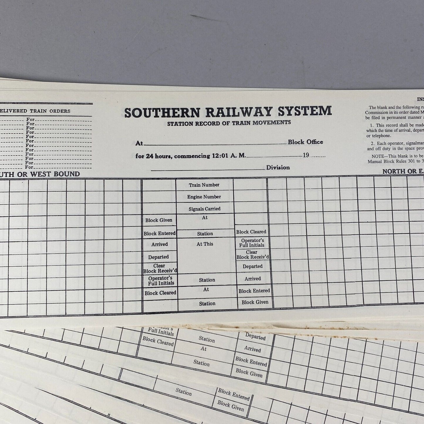 Southern Railway System Station Record of Train Movement Form 648A, 50 forms