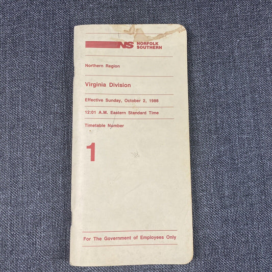 Norfolk Southern Northern Region Virginia Division Timetable 1, October 2, 1988