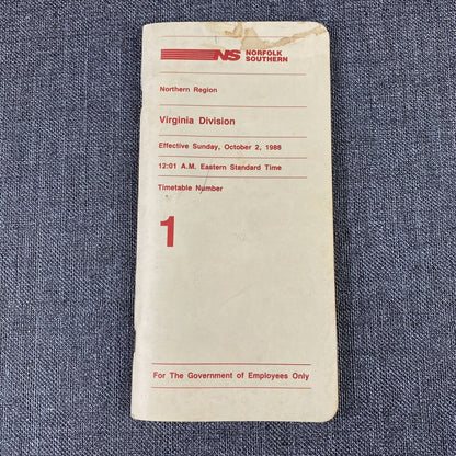 Norfolk Southern Virginia Division Timetable Nr. 1 , October 2, 1988