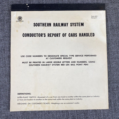 Vintage Southern Railway  System Conductor's Report of Cars Handled Booklet