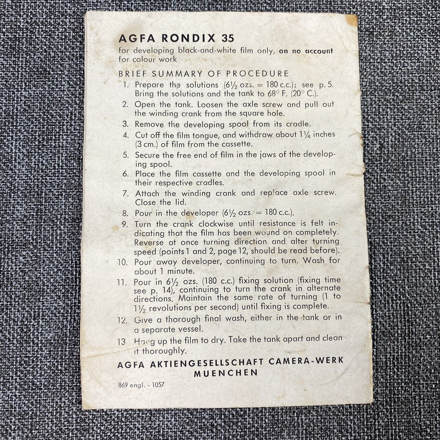 Agfa Rondix 35 Daylight Developing Tank Instructions Manual Only