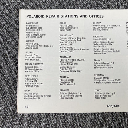 Vintage Polaroid 450 440 Land Camera Instruction Manual , 52 pages