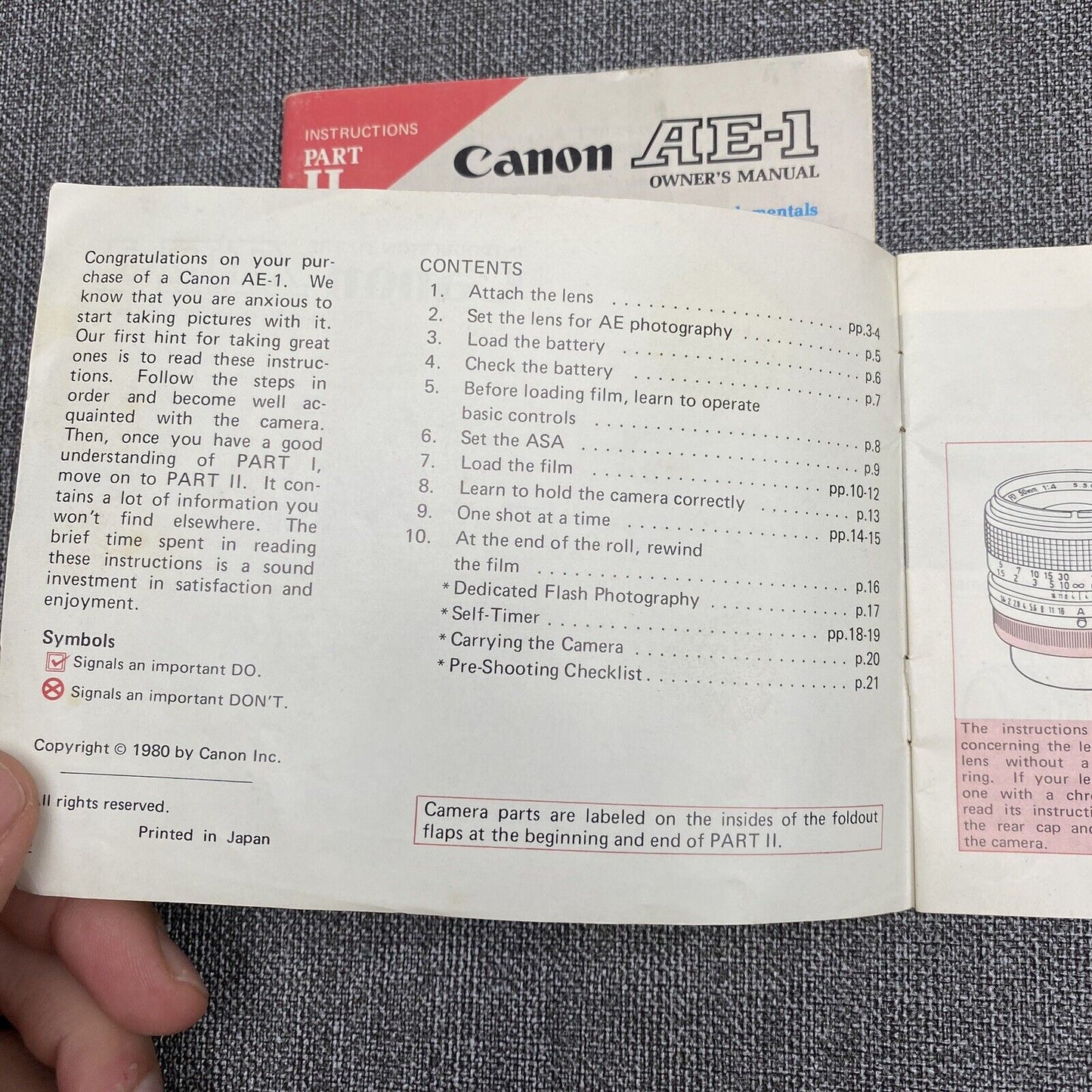 Canon AE-1 35mm film camera Owner's manual part I and II + Lens Guide