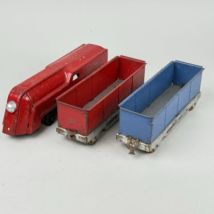 Marx Lumar Lines Art Deco Pressed Steel Train Engine & 2 Gondolas W/ Wood Wheels