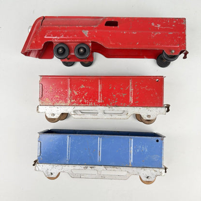 Marx Lumar Lines Art Deco Pressed Steel Train Engine & 2 Gondolas W/ Wood Wheels