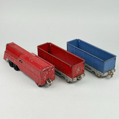 Marx Lumar Lines Art Deco Pressed Steel Train Engine & 2 Gondolas W/ Wood Wheels