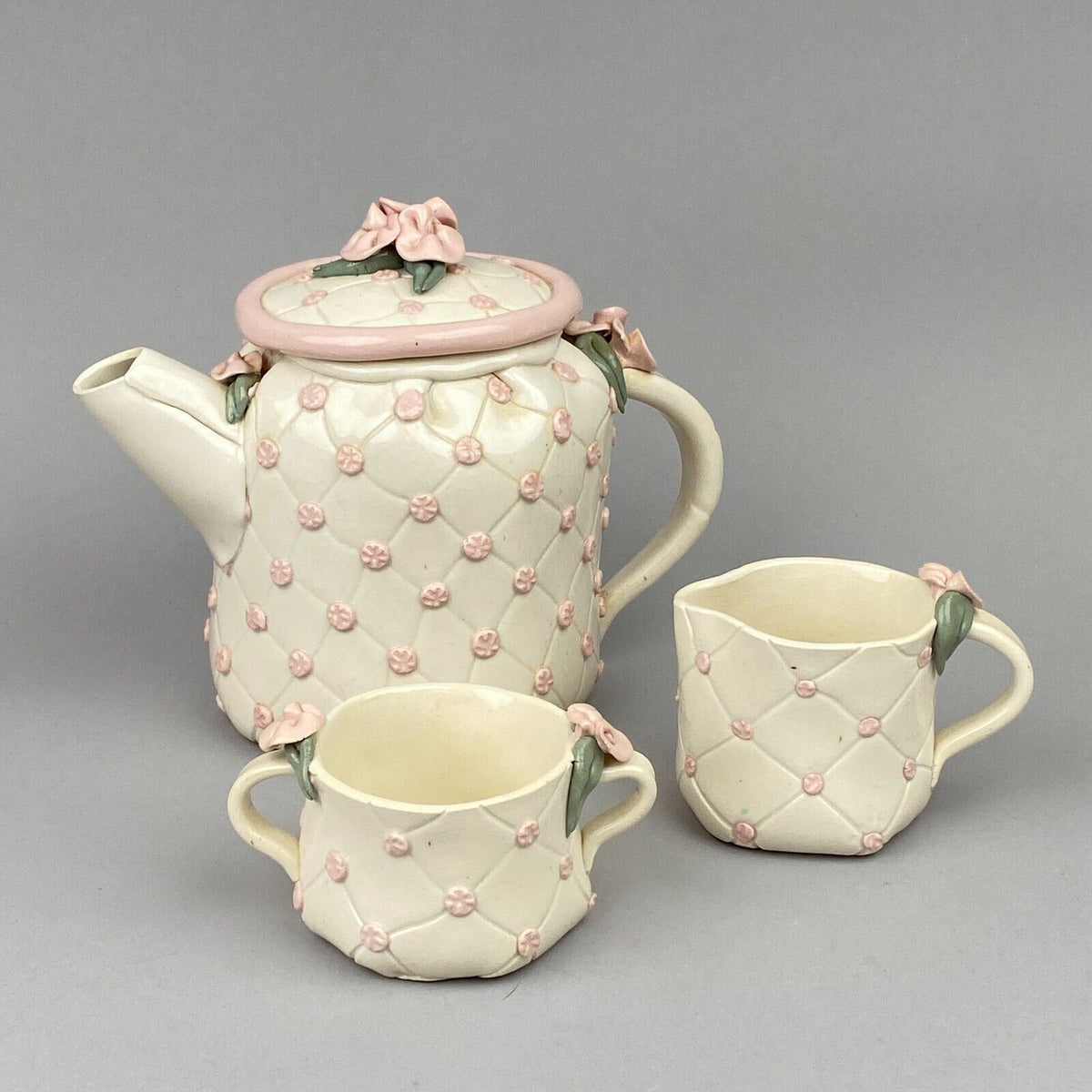 Vintage Lynn Fisher Pottery Teapot Creamer and Sugar with Pink Flowers (Signed)