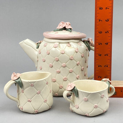 Vintage Lynn Fisher Pottery Teapot Creamer and Sugar with Pink Flowers (Signed)