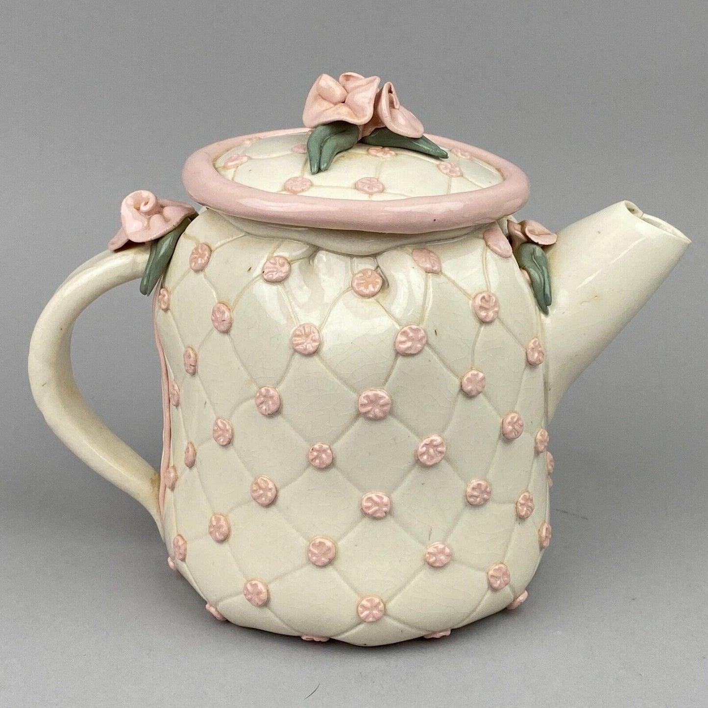 Vintage Lynn Fisher Pottery Teapot Creamer and Sugar with Pink Flowers (Signed)