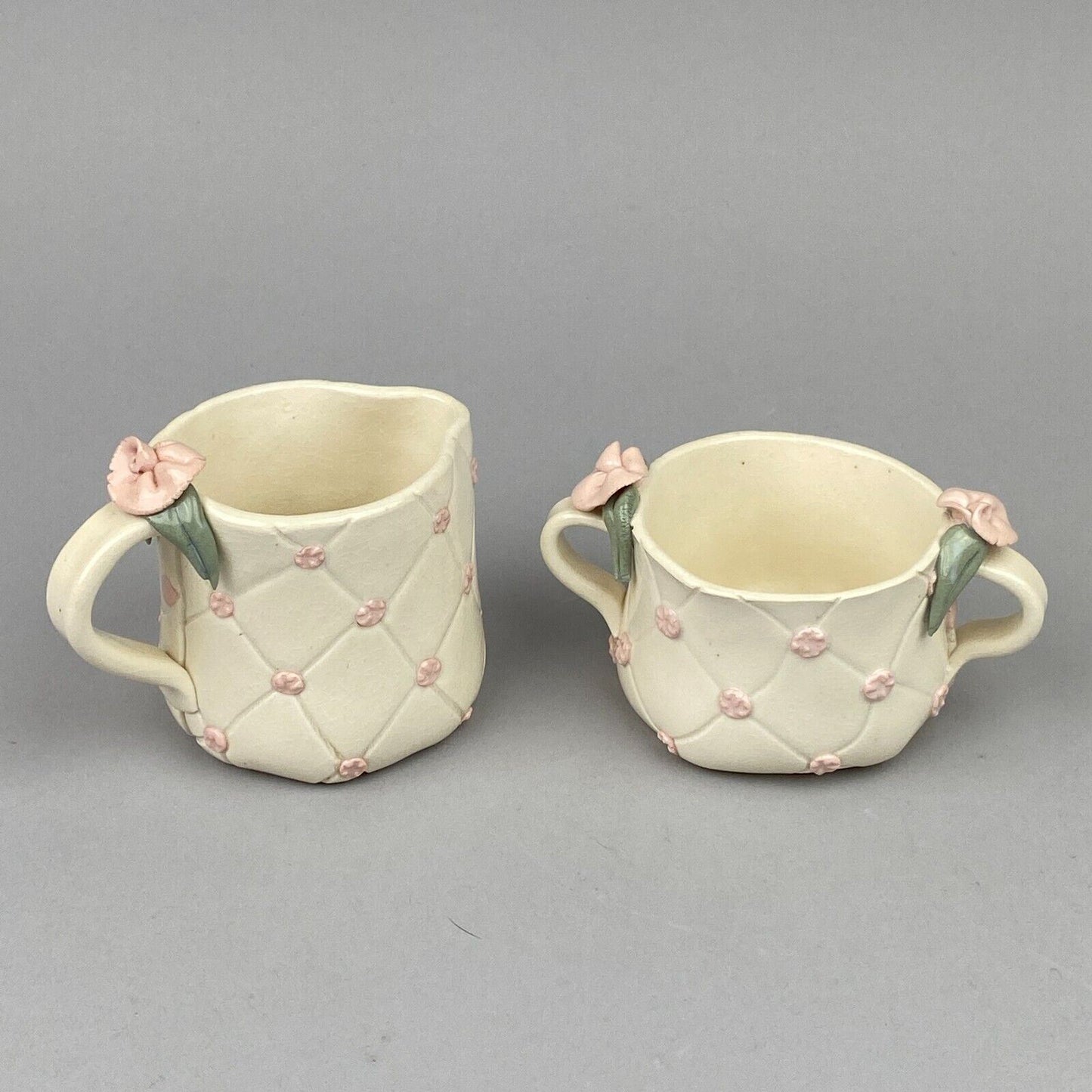 Vintage Lynn Fisher Pottery Teapot Creamer and Sugar with Pink Flowers (Signed)