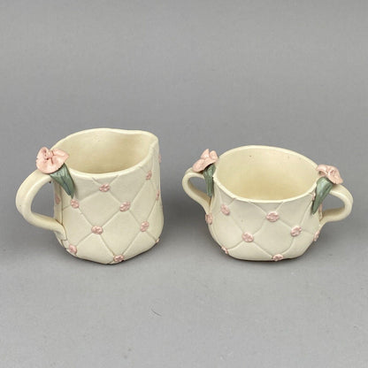 Vintage Lynn Fisher Pottery Teapot Creamer and Sugar with Pink Flowers (Signed)