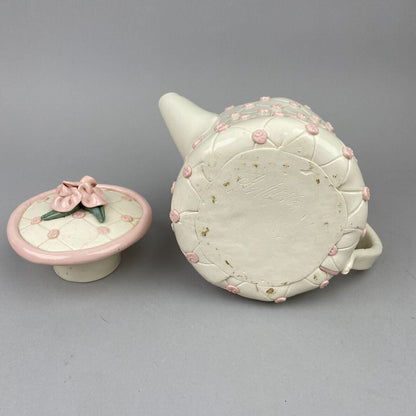 Vintage Lynn Fisher Pottery Teapot Creamer and Sugar with Pink Flowers (Signed)