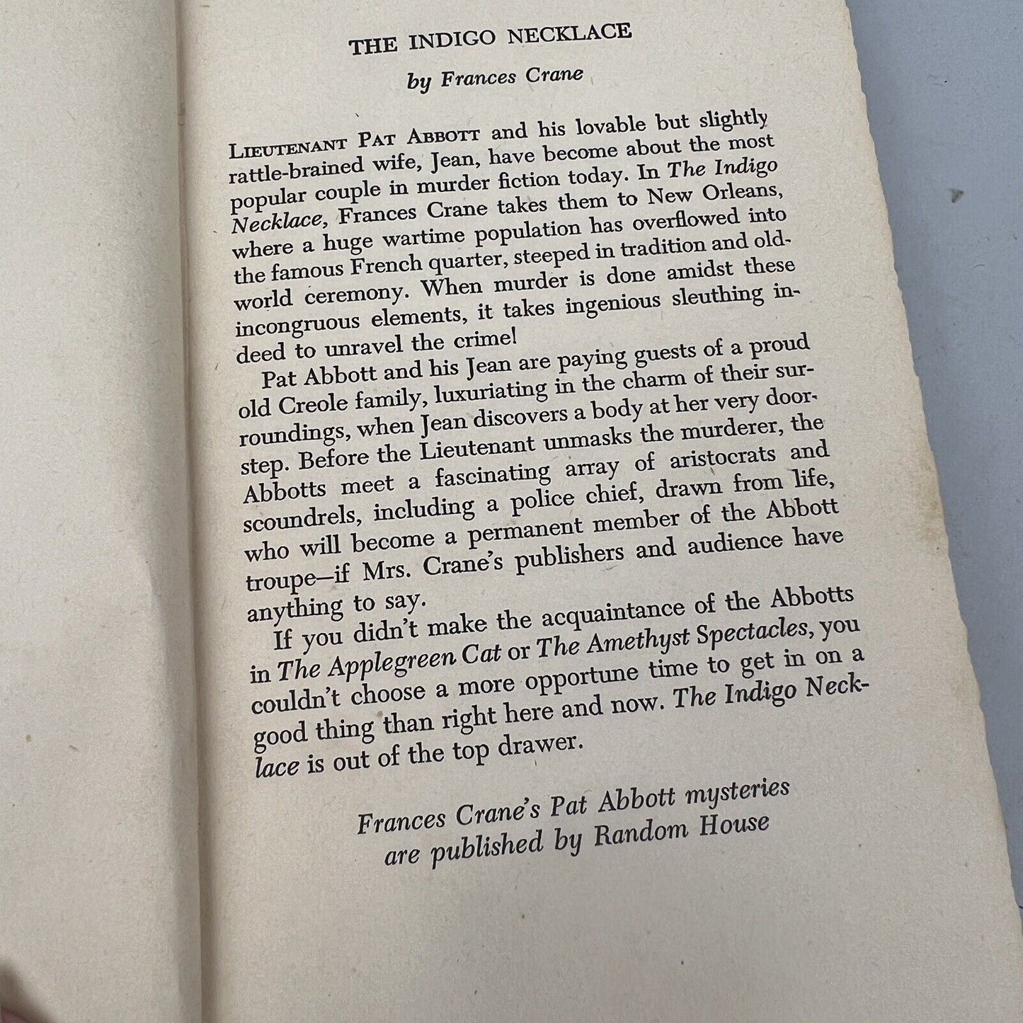 Frances Crane The Indigo Necklace aka The Indigo Necklace Murders 1st US HC